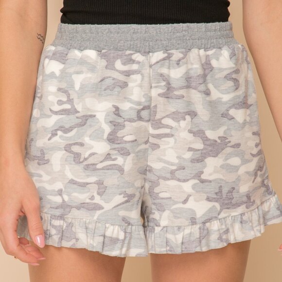 HEM & THREAD Gray Camo Ruffle Hem Lounge Shorts, Soft Elastic Waist Pull-On - Picture 1 of 7